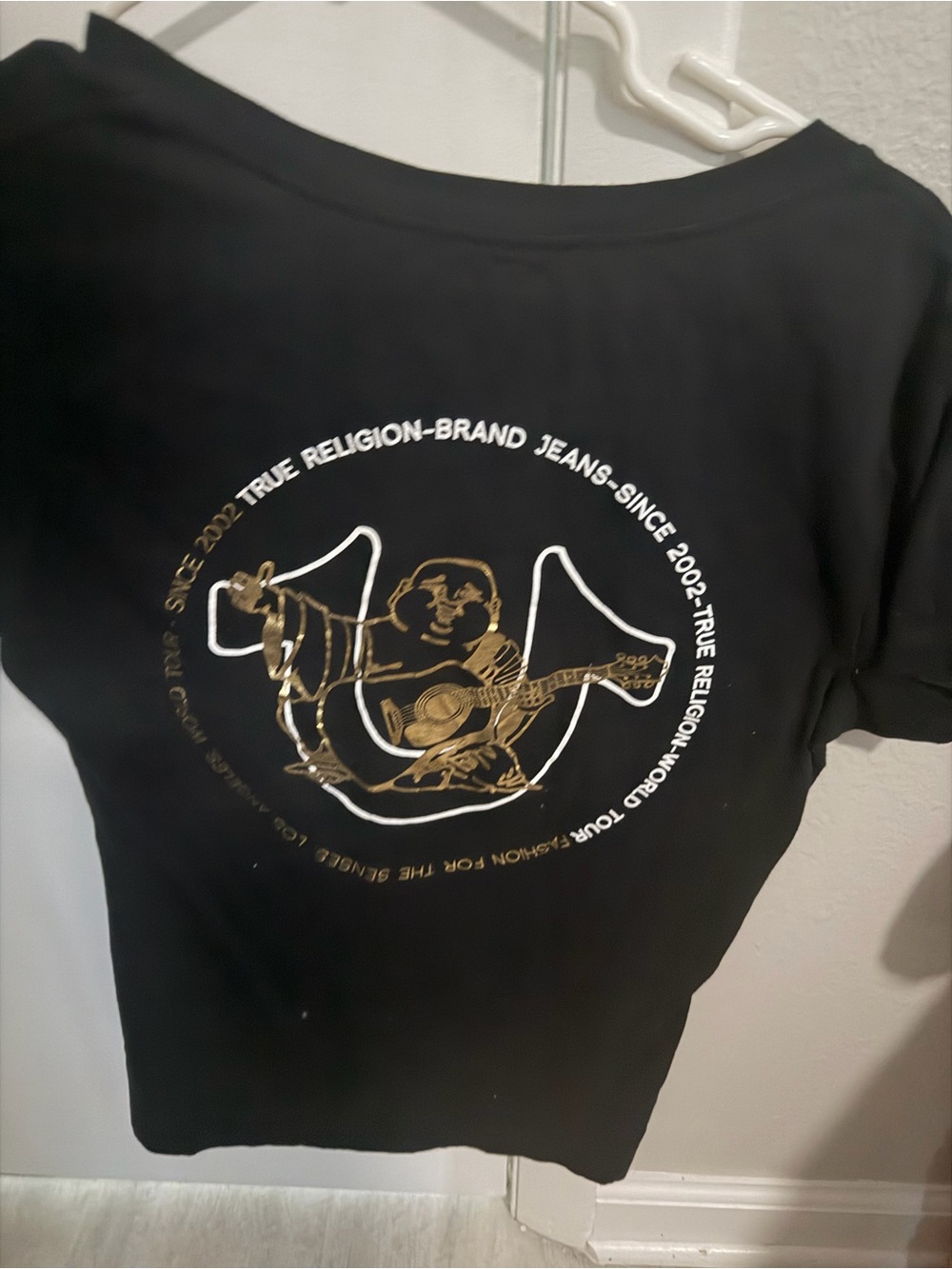 True Religion Black T-Shirt with Gold and White Logo Graphic brand new